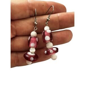 Red and White Mushroom Style Glass Beaded Earrings